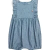 Ralph Lauren Baby - Shortall sem mangas com babados em cambraia, jeans claro New