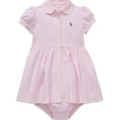 Ralph Lauren Baby - Vestido Oxford de tricô listrado e Bloomer, rosa camelo Fashion