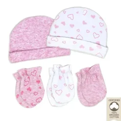 Rose Textiles - 100% Algodão Orgânico Pacote com 5 - Conjunto de Chapéu e Luva, Coração Rosa Outlet