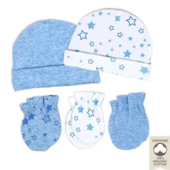 Rose Textiles - 100% Algodão Orgânico Pacote com 5 - Conjunto de Chapéu e Luva, Estrela Azul Discount