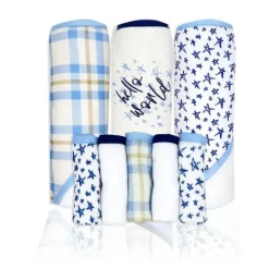 Rose Textiles - 3 Toalhas com Capuz com 5 Toalhas de Rosto, Azul Marinho Hello World New