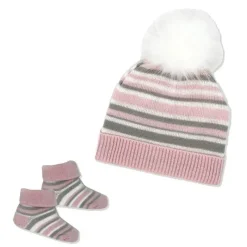 Rose Textiles - Conjunto de gorro e botinha listrado rosa para bebê menina Discount