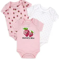 Rose Textiles - 3Pk Baby Girls Bodysuit Set, Strawberry Pink Fashion
