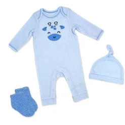 Rose Textiles - 3Pk Boys Waffle Coverall Set, Giraffe Blue Hot