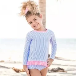 RuffleButts - Biquíni Seersucker Rash Guard Azul Pervinca New