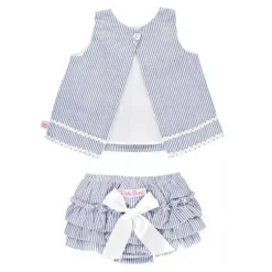 RuffleButts - conjunto de top e flor de bebê azul Seersucker Ric Rac Swing New