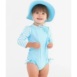 RuffleButts - Tropical Breeze Heart Polka Dot Manga Longa Rash Guard, Azul New