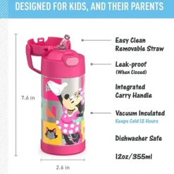 Thermos - Garrafa de canudo de aço inoxidável com isolamento a vácuo de 12 onças, Minnie Mouse Fashion