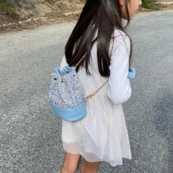 Tiny Treats - Tweed Drawstring Backpack Bag, Blue Hot