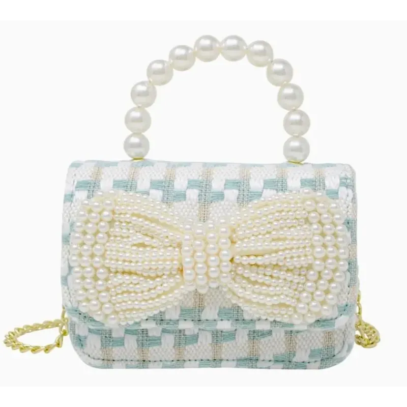 tiny_treats__tweed_pearl__SKUkTfaeJqN_0.webp Tiny Treats - Tweed Pearl Handle Bow Purse, Blue New