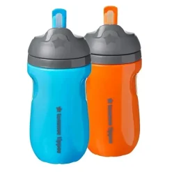 Tommee Tippee - Copo de palha isolado para crianças, à prova de derramamento, 9 onças, 12 m +, 2 contagens, azul e laranja New