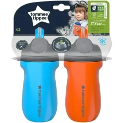Tommee Tippee - Copo de palha isolado para crianças, à prova de derramamento, 9 onças, 12 m +, 2 contagens, azul e laranja New