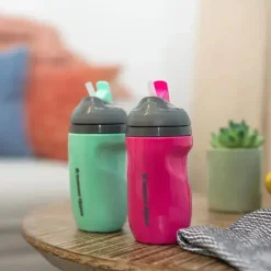 Tommee Tippee - Copo de palha isolado para crianças, à prova de derramamento, 9 onças, 12 m +, 2 contagens, azul e laranja New