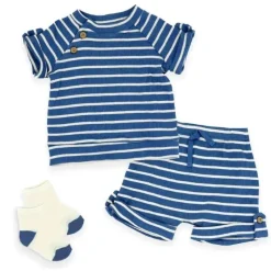 Rose Textiles Têxteis Rosa - 3 unidades de shorts canelados para bebês meninos, listras azuis Fashion