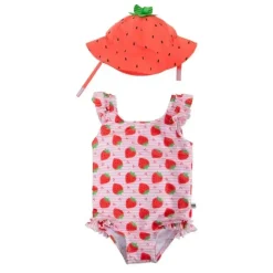 Zoocchini - Conjunto de maiô e chapéu de sol para bebê com babados, morango, 6-12 meses Fashion
